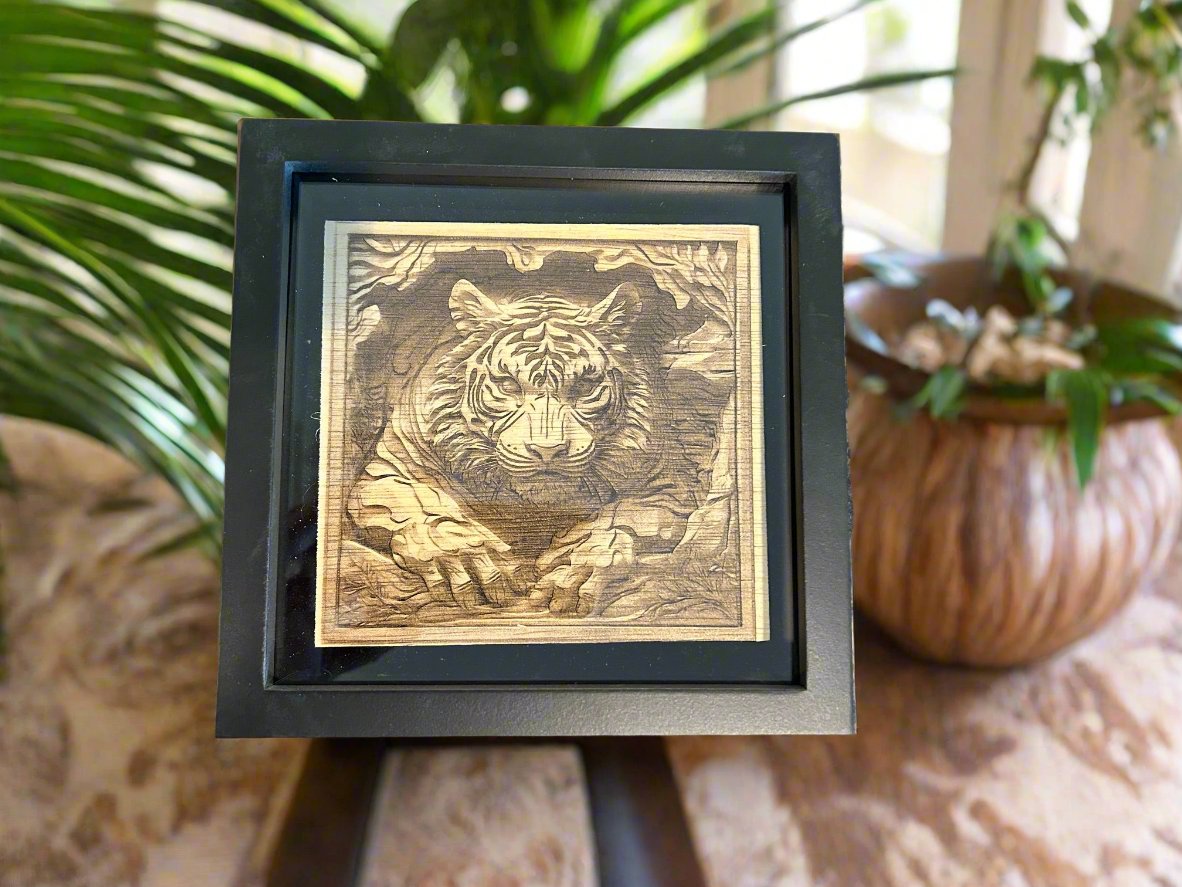 3D Engraved Wood, Tiger - 7" x 7"