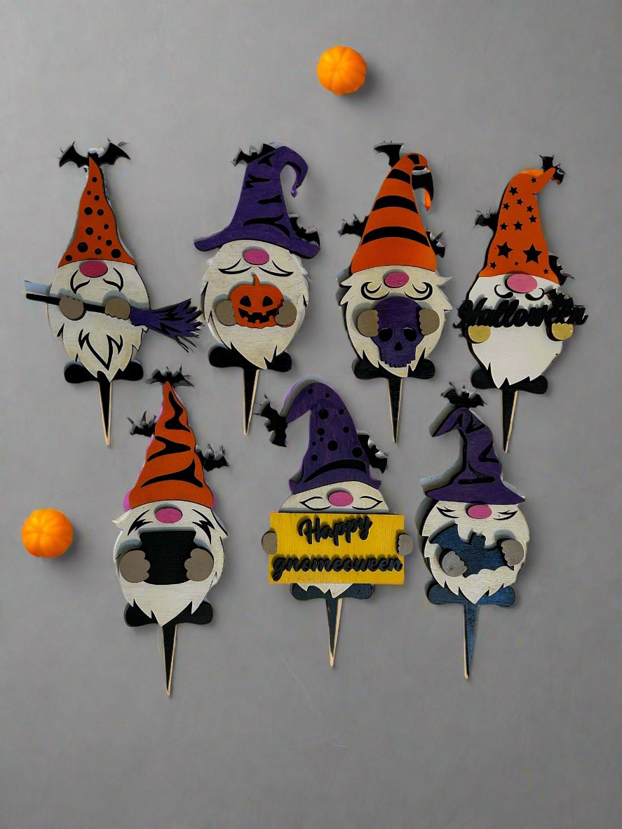 Laser-cut Gnome Halloween Garden Stakes - Set of 7