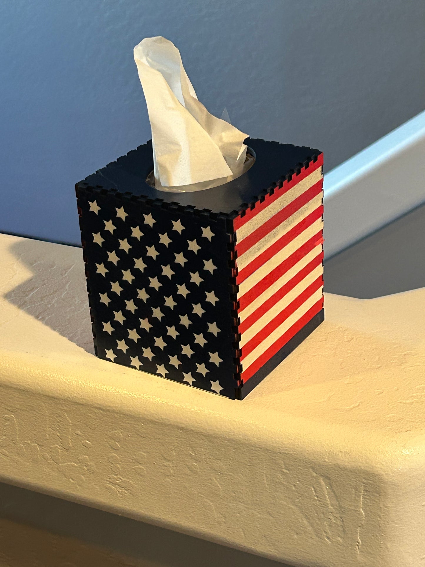 Wood Tissue Box, with Hand-painted American Flag