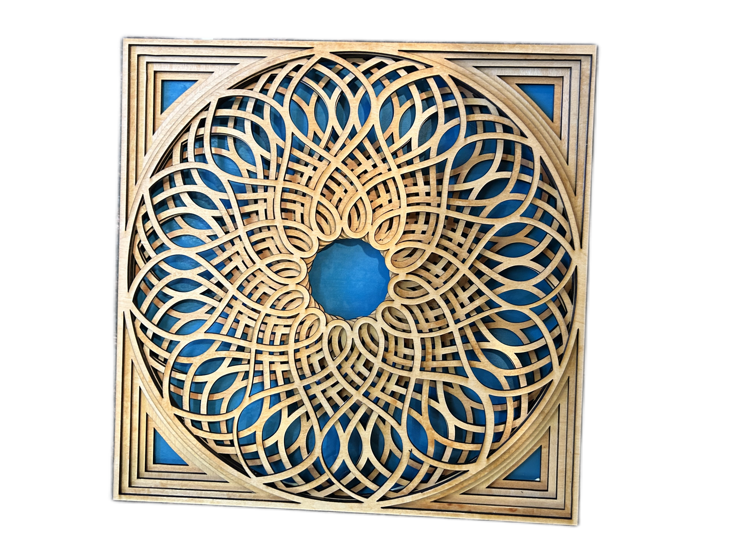 5-layer, hand painted wood Mandala-blue background.