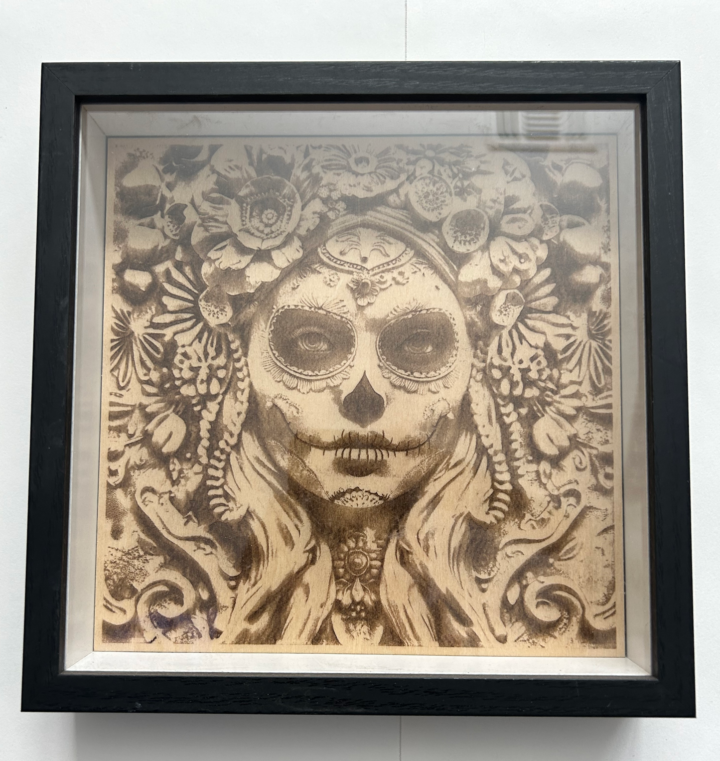 8" Wood Engraving of Sugar Skull, Framed