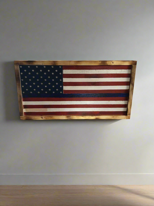 Rustic Wooden American Flag - "We Support the Blue"