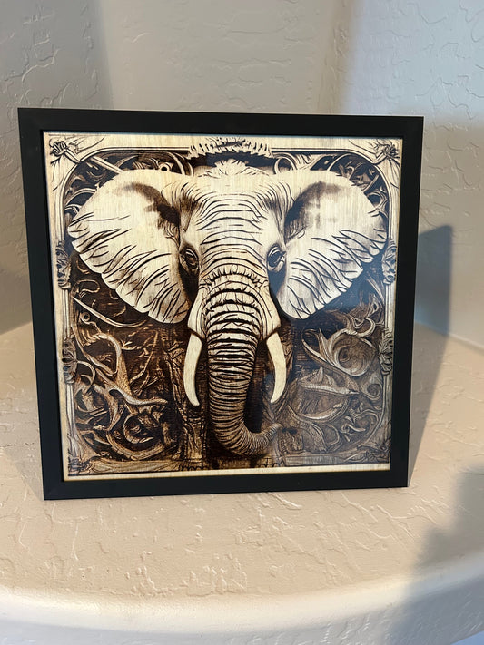 3D Engraved Wood, Elephant - 12" x 12"