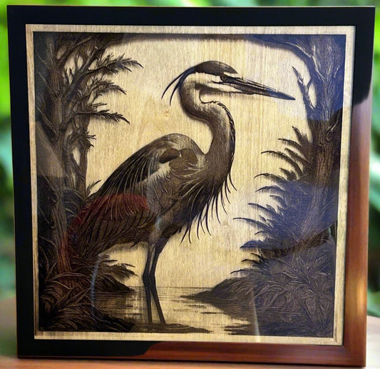 3D Engraved Wood Wall Hanging of the Great Blue Heron. 12" x 12"