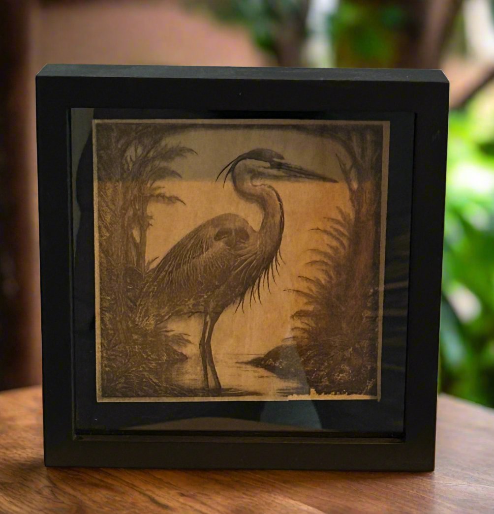 3D Engraved Wood Wall Hanging of the Great Blue Heron. 7" x 7"