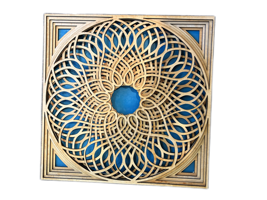 5-layer, hand painted wood Mandala-blue background.