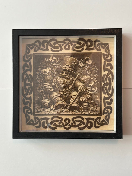 8" Wood Engraving of Leprechaun 2, Framed