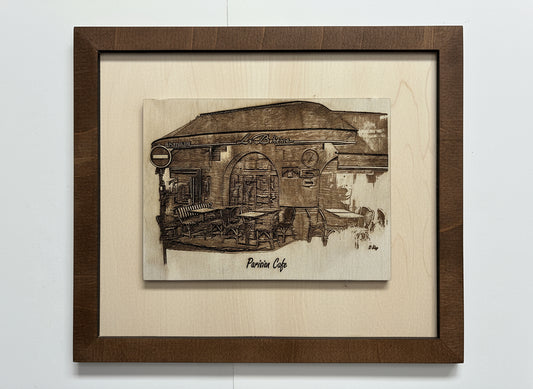 Wood Framed, 5" x 7" wood engraving on a neutral wood background.