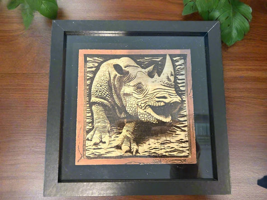 3D Engraved Wood, Rhinoceros, 7" x 7"